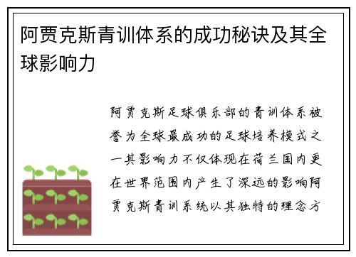 阿贾克斯青训体系的成功秘诀及其全球影响力