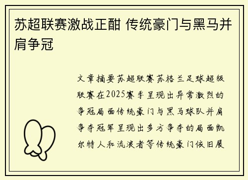 苏超联赛激战正酣 传统豪门与黑马并肩争冠